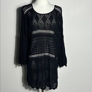 Black Crochet Open Knit‎ Indie Sleaze Grunge Goth Lagenlook Sweater Tunic Top 3X